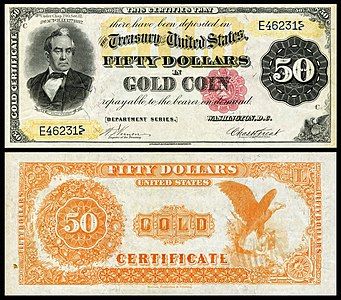 Fifty-dollar gold certificate from the series of 1882, by the Bureau of Engraving and Printing