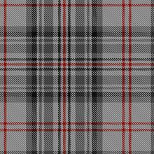 A tartan that is predominantly two-tone grey with thin black and red stripes