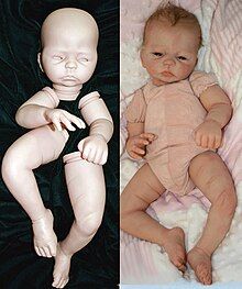 Before and after image of a doll sculpted out of clay, reproduced into a vinyl kit and reborned