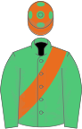 Emerald green, orange sash, orange cap, green spots