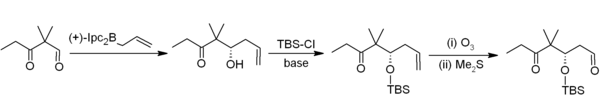 An allyl-α-pineneborate allylates 2,2‑dimethyl-3‑oxopentenal to (5S)-5‑hydroxy-4,4‑dimethyloct-7‑en-3‑one; the alcohol is then protected with tert-butyldimethylsilyl chloride, and the terminal olefin cleaved in reductive ozonolysis with dimethyl sulfide.