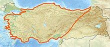 Map of the Anatolian peninsula with red outline that covers most of modern-day Turkey