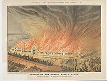 colour illustration from a newspaper of the Garden Palace building engulfed by a huge fire