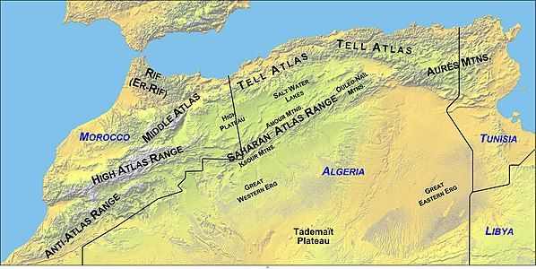 Map of North Africa showing the Atlas Mountains ranges, with political boundaries.