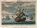 The Vengeance of 74 Guns sailing from Martinique with a fresh breeze; engraving, coloured