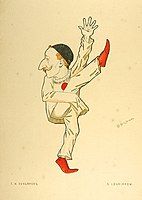 Caricature of Sergei Lukianov as Pierrot in Les Millions d'Arlequin by the brothers Nikolai and Sergei Legat for their book The Russian Ballet In Caricature, 1903.