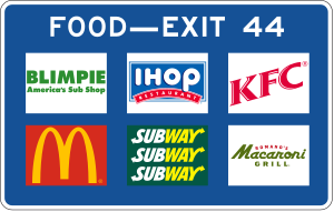 A blue sign consisting of the words "Food-Exit 44" and the logos or trademarks of the following fast food restaurants: Blimpie, IHOP, KFC, McDonald's, and Subway