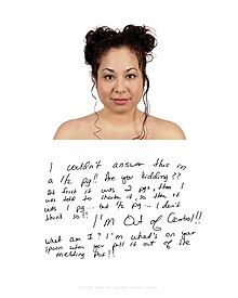 An example from the Hapa Project. The subject is photographed and accompanied by a handwritten, half-page answer to the question, "What are you?"