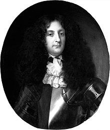 A black-and-white photo of a painted half-length portrait in an oval format of a clean-shaven middle-aged grey-eyed man with long curly dark hair or such a wig, wearing a jabot, and clad in plate armour covering his breast and arms