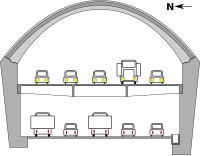 A schematic illustration of the cross-section of the Yerba Buena Tunnel in 1962, section taken facing east. In 1961–62, the tunnel was reconstructed after rail service stopped in 1958. The upper and lower decks were lowered, and the upper deck now carries five lanes of mixed auto/truck traffic westbound, while the lower deck carries five lanes of mixed traffic eastbound.