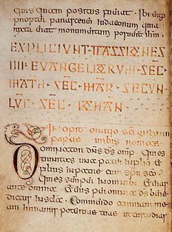 Medieval manuscript leaf bearing 13 lines of Latin script in dark brown & orange ink. Lines 8–13 indent to fit a large initial ‘d’ in dark brown ink with red & green washes. The stem of the ‘d’ transforms into the head of a cat, its long tongue sticking out & tying itself into knots.