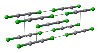 Ball-and-stick model of calomel's unit cell