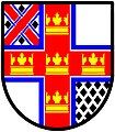 Argent, on a cross gules, cottised azure, five coronets erablé or; in the first quarter, a cross saltire gules, cottised interlaced azure, cantoned by four lozenges sable, the fourth quarter semy of lozenges sable. Another example