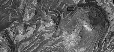 Layers in Firsoff crater with a box showing the size of a football field. Picture taken by HiRISE under HiWish program.