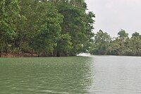 Water surface between two islands