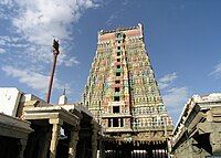 Image of Rangamannar-Andal temple in Srivilliputhur showing the pyramidal temple tower