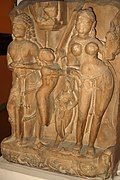 The goddess Ganga (right) in tribhanga pose with retinue. Pratihara, 10th century, now in National Museum, New Delhi