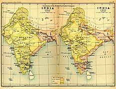 India in 1765 and 1805 showing East India Company Territories in pink.