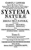 A book cover with the text "Caroli Linnaei Equitis de Stella Polari, Archiatri Regii, Med. & Botan. Profess. Upsal.; Acad. Upsal. Holmens. Petropol. Imper. Lond. Monspel. Tolos. Soc. Systema Naturae per Regna Tria Naturae, Secundum Classes, Ordines, Genera, Species, Cum Characteribus, Differentiis. Synonymis, Locis. Tomus I. Editio Decima, Reformata. Cum Privilegio S:ae R:ae M:tis Sveciae. Holmiae, Impensis Direct. Laurentii Salvii, 1758."