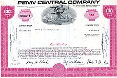 Pink-colored, 100 share stock certificate of Penn Central Company