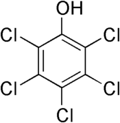 Benzene molecule with (clockwise from top) OH and five Cl atoms attached.