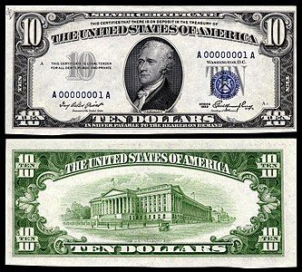 Ten-dollar silver certificate from the series of 1953, by the Bureau of Engraving and Printing