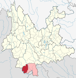 Location of Menghai County (red) and Xishuangbanna Prefecture (pink) and Yunnan province