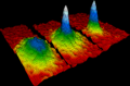 Image 32The first Bose–Einstein condensate observed in a gas of ultracold rubidium atoms. The blue and white areas represent higher density. (from Condensed matter physics)