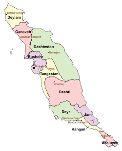 Location of Dashtestan County in Bushehr province (top, green)