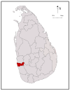 Area map of Colombo District, roughly rectangular in shape and extending inwards from the west south west coast in the Western Province of Sri Lanka