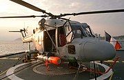 Lynx WG13 helicopter armed with a Mk46 torpedo on the deck of a frigate