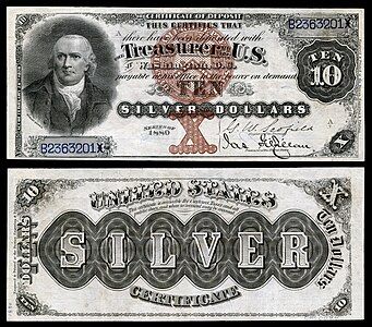 Ten-dollar silver certificate from the series of 1878, by the Bureau of Engraving and Printing