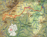 The course of the Eder. Battenberg (not on the map) is located approximately in the middle between Frankenberg (Eder) and the Sackpfeife mountain. The Eder flows into the Fulda near Edermünde-Grifte (de:Grifte). Kassel is visible in the northeast, on the Fulda, and Marburg in the south, on the Lahn.