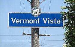 Vermont Vista neighborhood sign located on Vermont Avenue between 99th Street and Century Boulevard