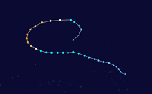 A track map showing the path of a typhoon over the western Pacific Ocean. The track forms an incomplete spiral; the typhoon initially moves west-northwestward before gradually shifting first to the west, then to the north, then to the east, then to the southeast, and finally to the southwest.