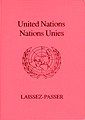 The front cover of a red machine-readable United Nations diplomatic laissez-passer