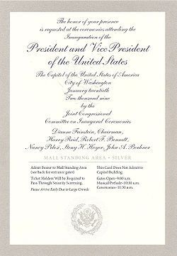 Silver-bordered ticket with silver cursive lettering to the inauguration of Barack Obama for the National Mall standing area with a silver presidential seal on the bottom.