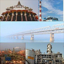 From top left to right: Naulakha Temple;NTPC, Barauni; Rajendra Setu; Barauni Refinery;HURL, Barauni Fertilizer