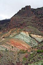 Hydrothermally-altered mid-Miocene volcanic rocks at Fuente de los Azulejos (near Tasarte), Gran Canaria