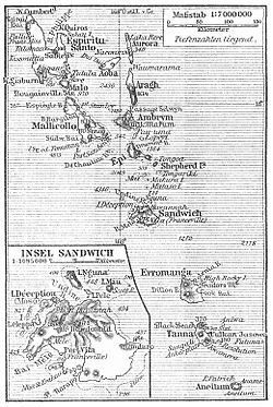 1905 map of New Hebrides, still showing Franceville as alternative name for Port Vila