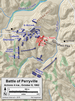 Map of the Battle of Perryville showing the attack on Sheridan's division.