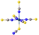 Crystal structure of [ReIV(NCS)5(SCN)]2-.[2] Color code: blue = N, yellow = S.