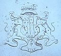 Coat of arms on a silver waiter dated 1732, showing arms of Fane impaling Stanhope, for Charles Fane and his wife Mary, possibly a 25th wedding present.