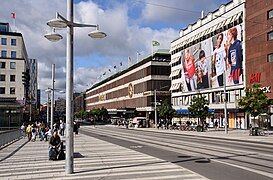 View of Klarabergsgatan to the west with Åhléns City to the right, 2019.