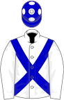 White, blue cross-belts, blue cap, white spots