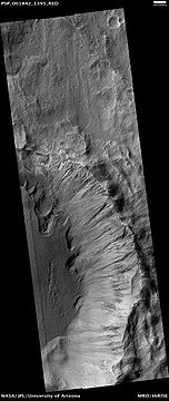 Wide view of crater showing gullies and other features, as seen by HiRISE