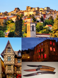 Thiers city presentation. Above, the medieval city. Bottom left, the Château du Pirou. Bottom right, the Valley of the Factories near the Creux de l'enfer and the Le Thiers knives.