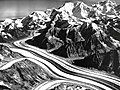 Aerial of Yentna Glacier, Mount Laurens to right and Mount Foraker at top