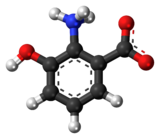 Ball-and-stick model of the 3-hydroxyanthranilic acid molecule as a zwitterion