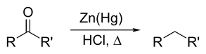 The reaction scheme of Clemmensen Reduction.